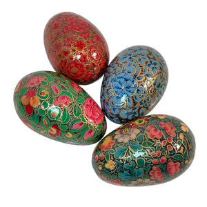 Paper Mache(?) Easter Eggs Handmade Hand Painted Floral Gold Trim Set Of 4